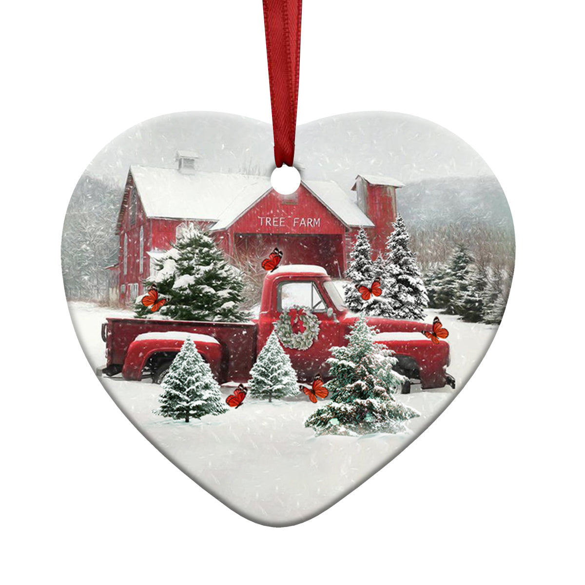 Butterfly Red Truck Snow Christmas Heart Ceramic Ornament - Christmas Ornament - Christmas Gift