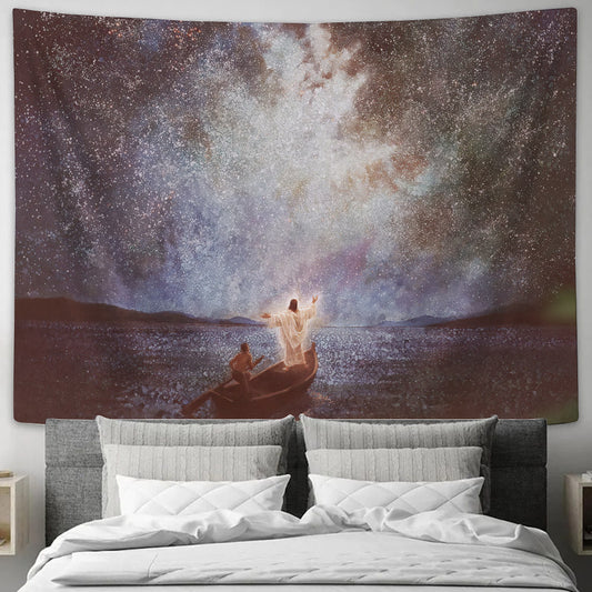 Calm and Stars - Jesus Standing On The Bow of A Boat - Jesus Christ Tapestry Wall Art - Tapestry Wall Hanging - Christian Wall Art - Tapestries - Ciaocustom