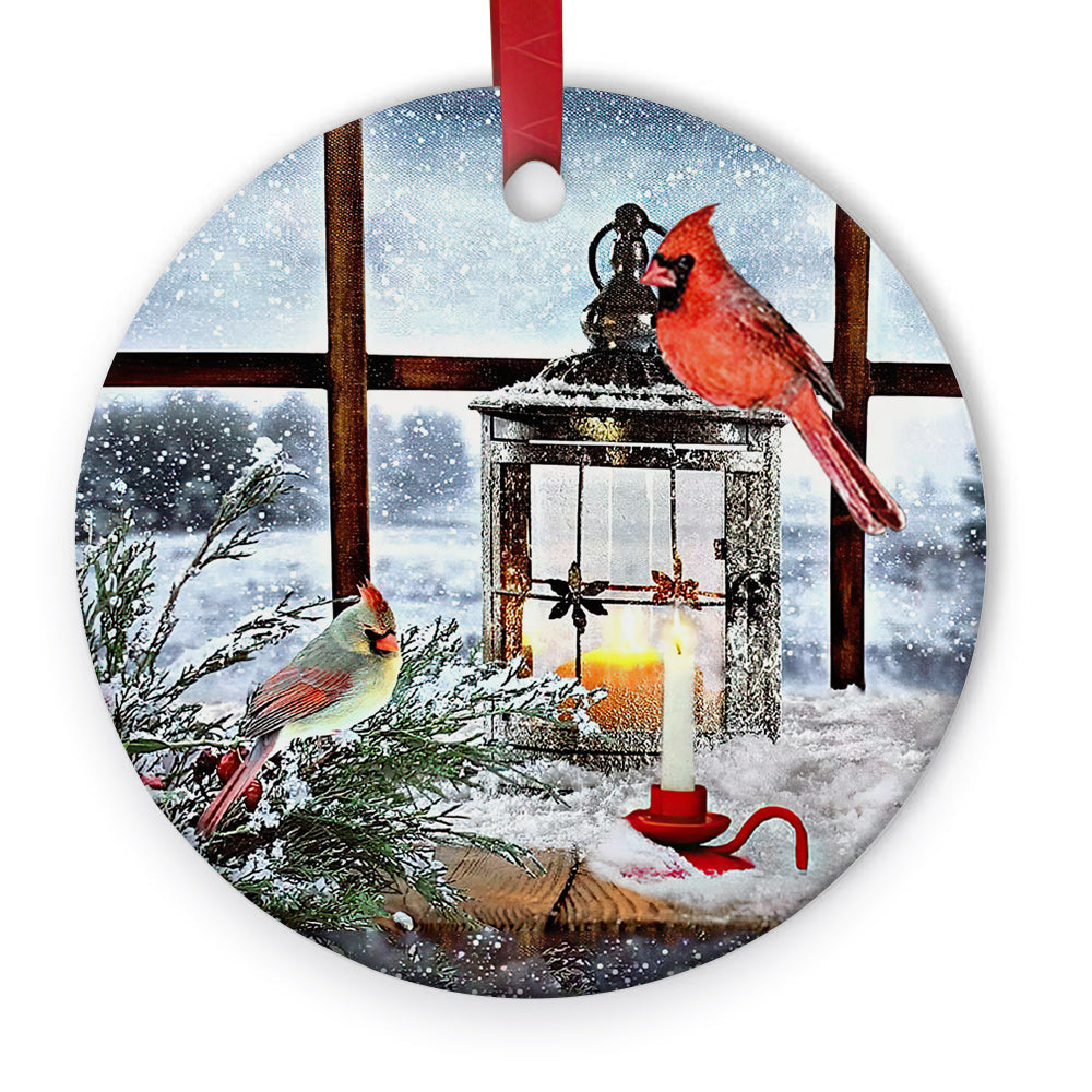 Cardinal Lantern Ceramic Circle Ornament - Decorative Ornament - Christmas Ornament