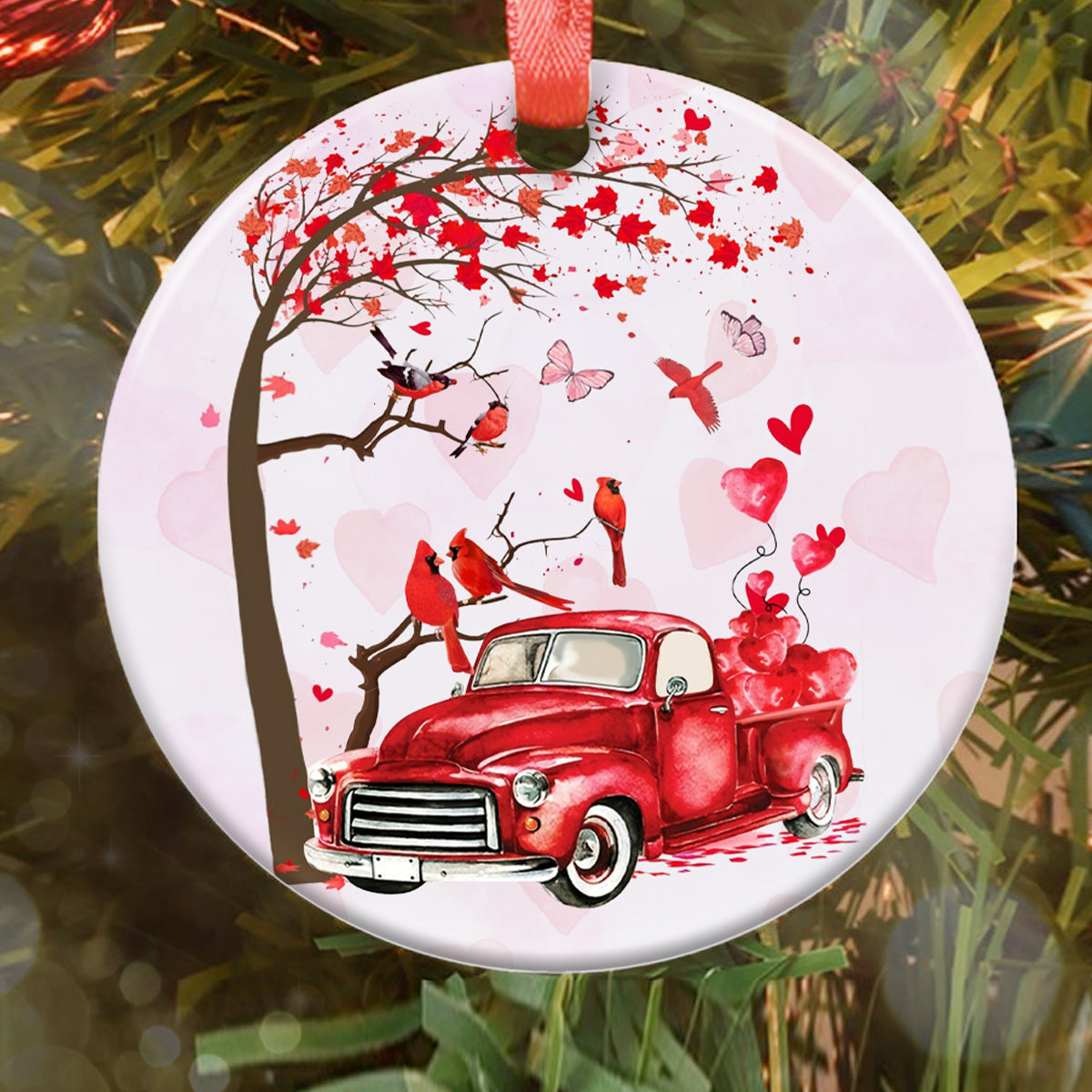 Cardinal Red Truck 3 Ceramic Circle Ornament - Decorative Ornament - Christmas Ornament