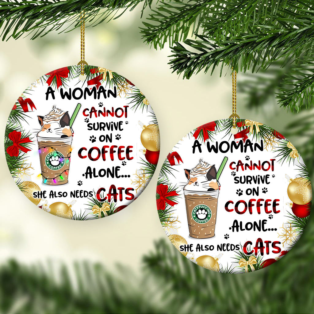 Cat Christmas Coffee Ceramic Circle Ornament - Decorative Ornament - Christmas Ornament