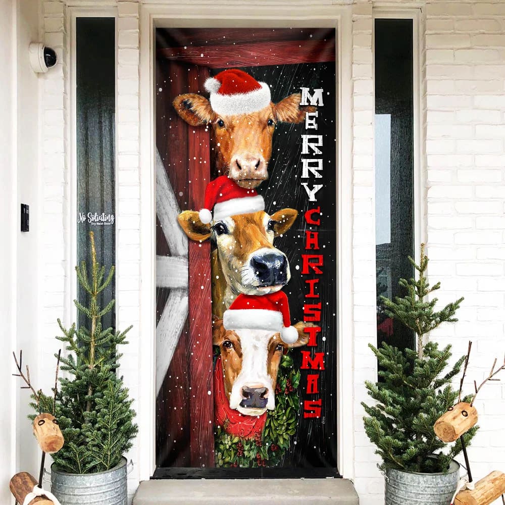 Cattle Cow Merry Christmas Door Cover - Front Door Christmas Cover - Christmas Outdoor Decoration