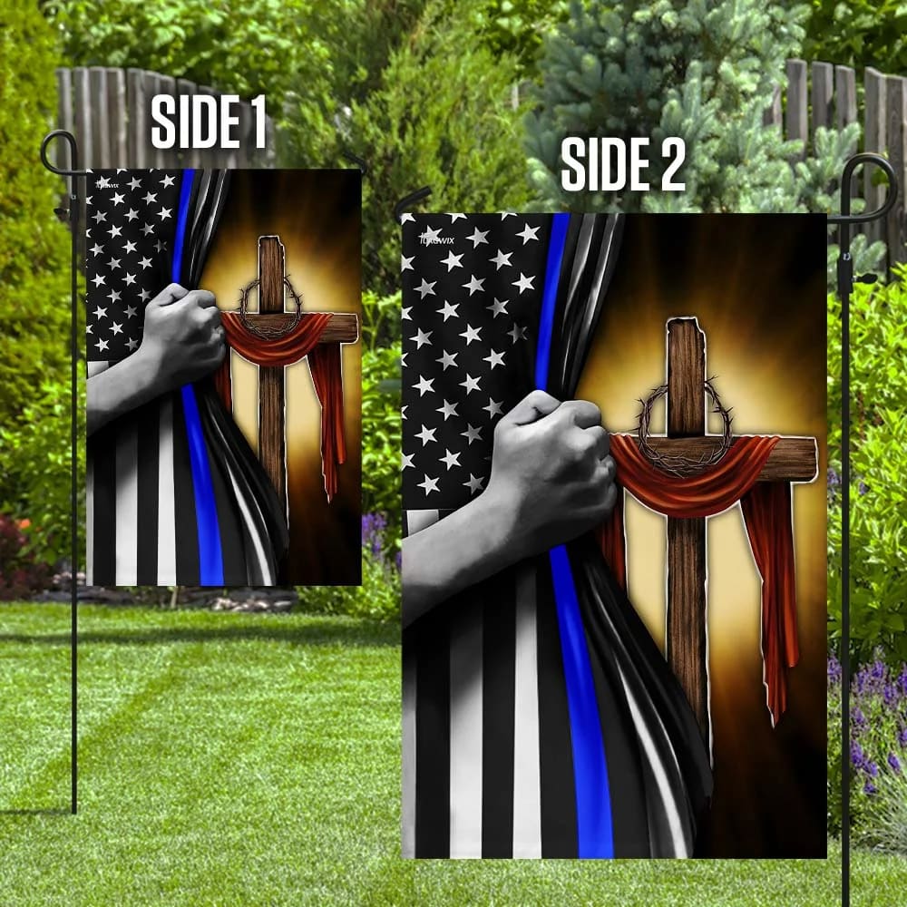 Christian Cross Thin Blue Line House Flags - Christian Garden Flags - Outdoor Christian Flag
