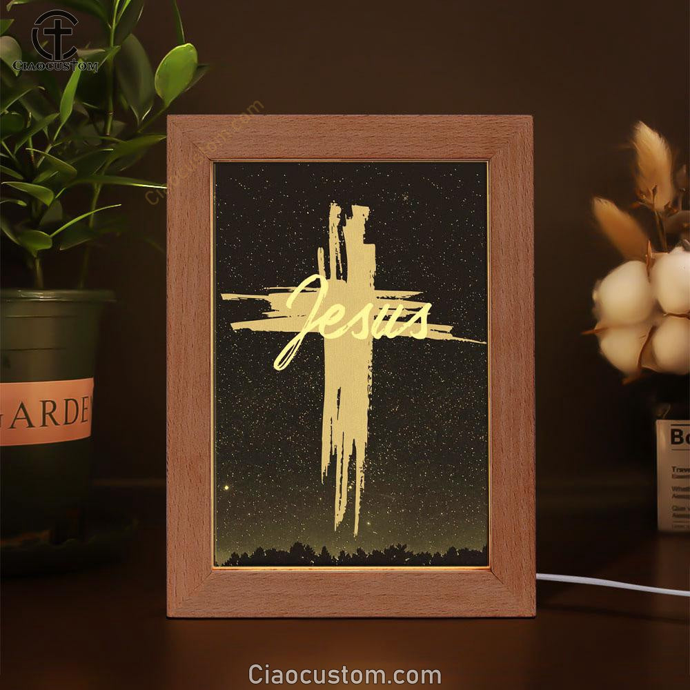 Christian Jesus Word Cross Frame Lamp Prints - Bible Verse Wooden Lamp - Scripture Night Light