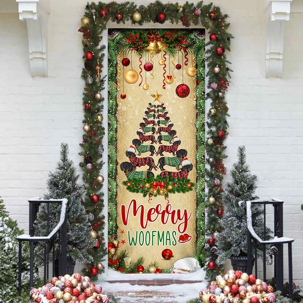 Christmas Dachshunds Tree Door Cover - Door Christmas Cover - Christmas Outdoor Decoration