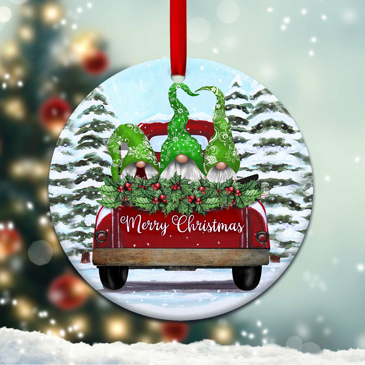 Christmas Memory Gnomes Ceramic Circle Ornament - Decorative Ornament - Christmas Ornament