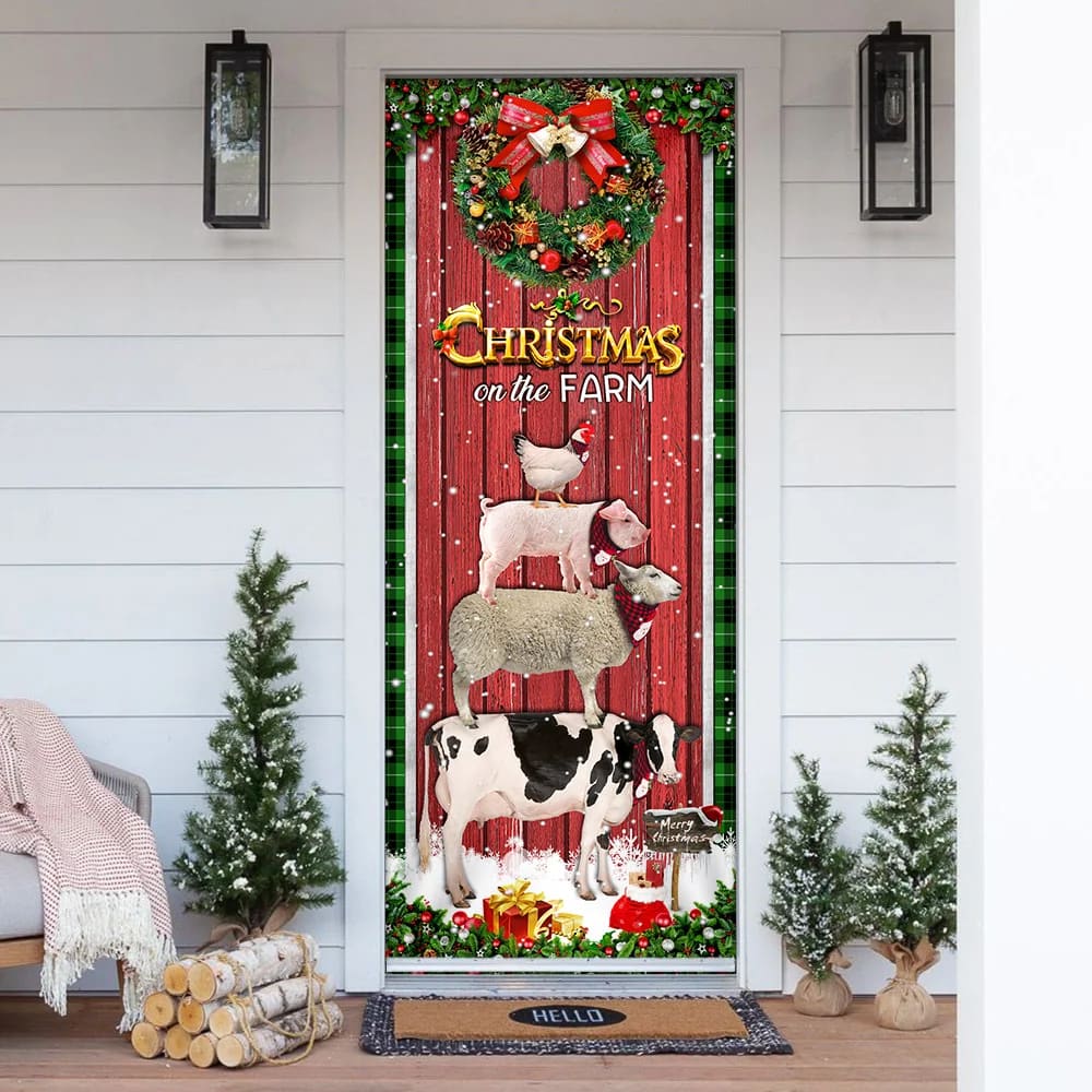 Christmas On The Farm Cattle Door Cover - Door Christmas Cover - Christmas Outdoor Decoration