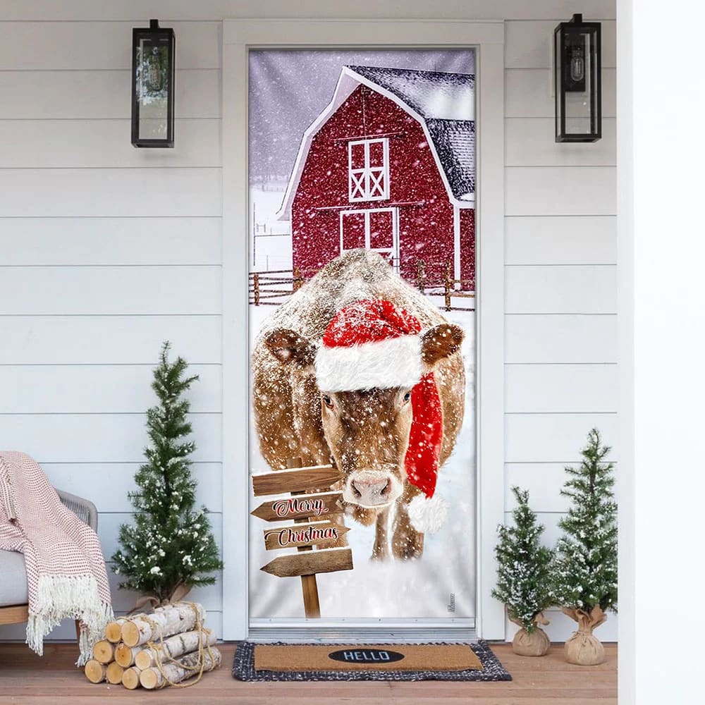 Cow Barn Merry Christmas Door Cover - Door Christmas Cover - Cow Lover Gifts