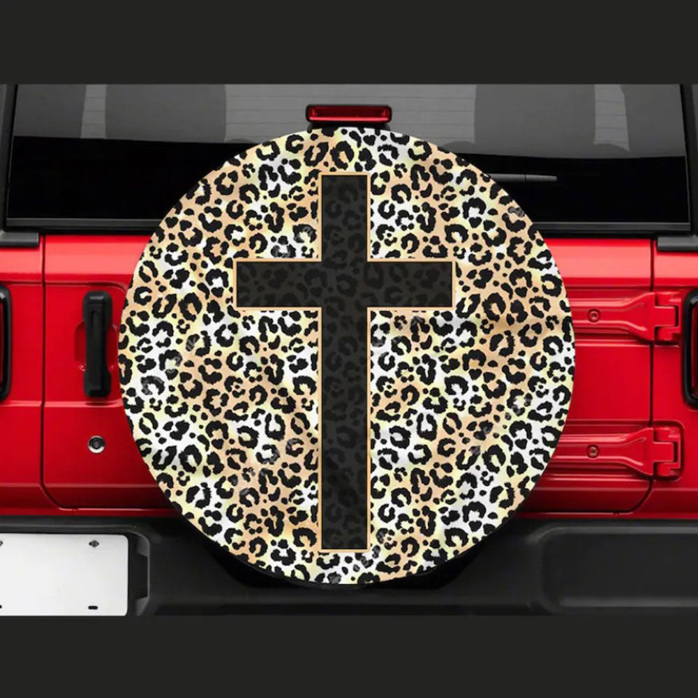 Cross Jesus Leopard Skin Car Spare Tire Cover Gift For Campers