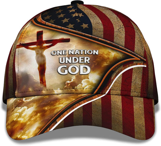 Cross One Nation Under God American Flag Custom Name All Over Print Baseball Cap - Christian Hats For Men Women
