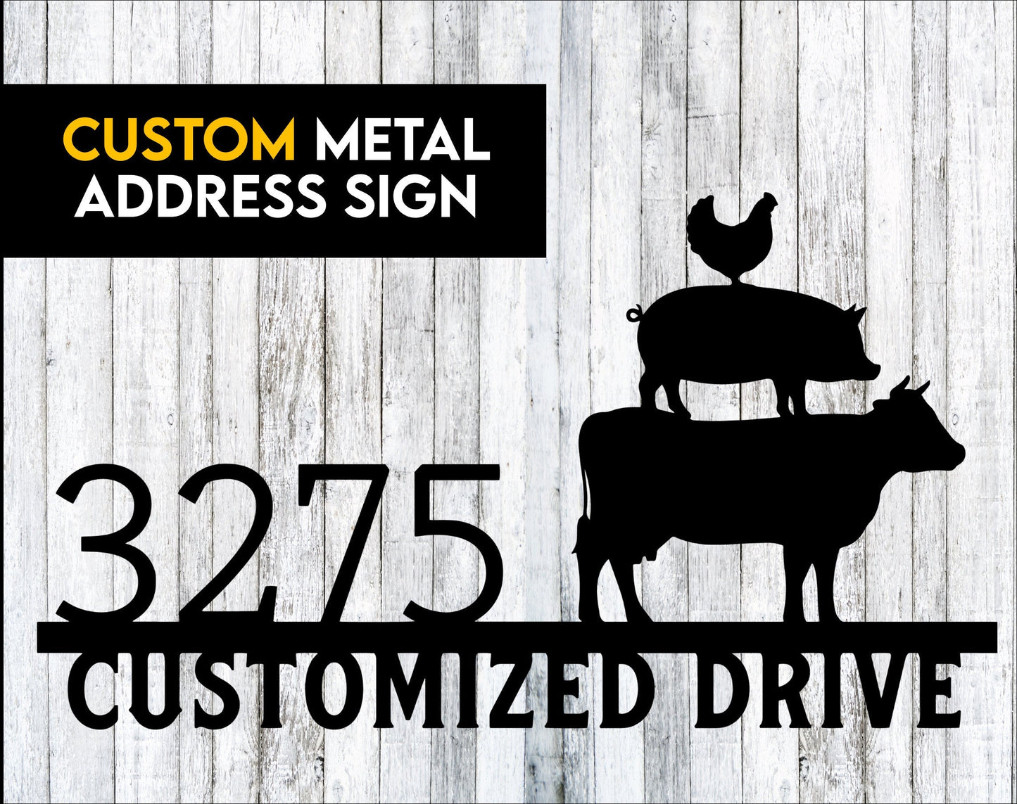 Custom Chicken Pig Cow Metal Sign - Custom Metal Address Sign - Personalized Metal Farm Signs - Metal Farm Signs - Farmer Gifts