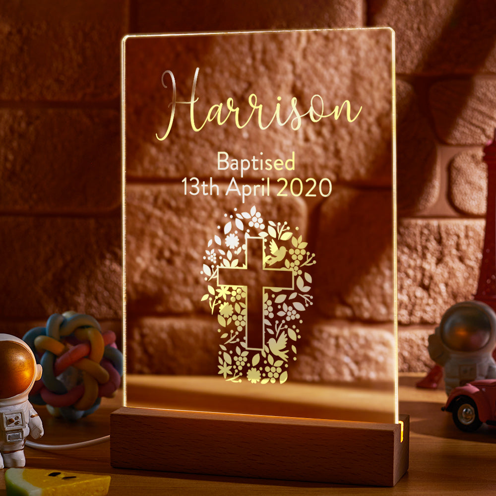Custom Floral Cross Boy Or Girl Name Led Night Light - Baby Gift - Baptism Gift - Christening Gift