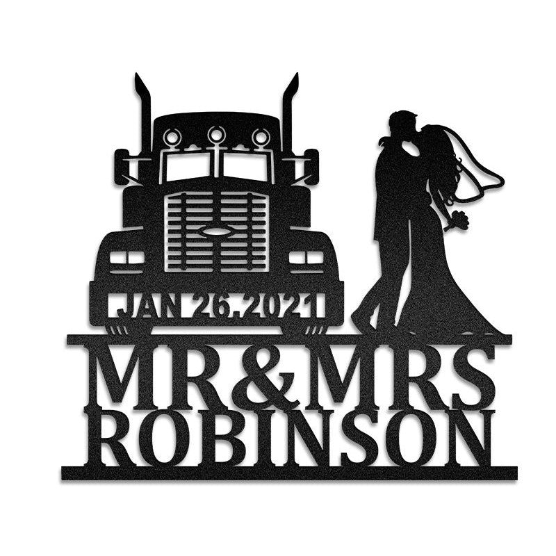 Custom Happy Trucker Couple Vehicle Metal Sign - Metal Decor Wall Art - Heavy Equipment Operator Gifts