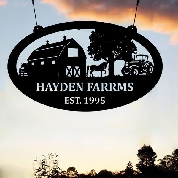 Custom Horse Farm Tractor Scene With Established Date Oval Metal Sign Metal Wall Art Cut Metal Sign Metal Wall Art Metal House Sign