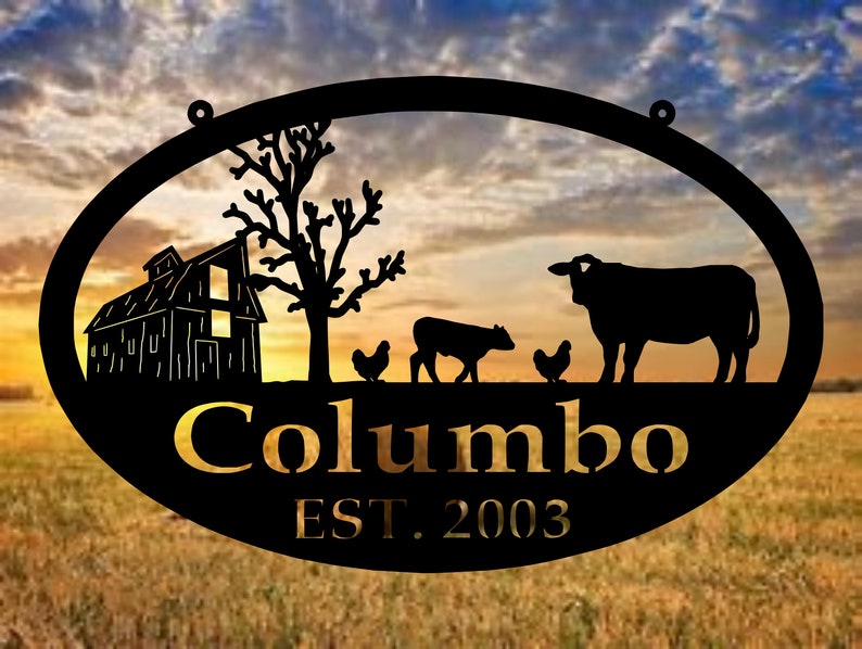 Custom Metal Farm Sign - Barn And Cow And Chickens - Personalized Family Name Metal Sign