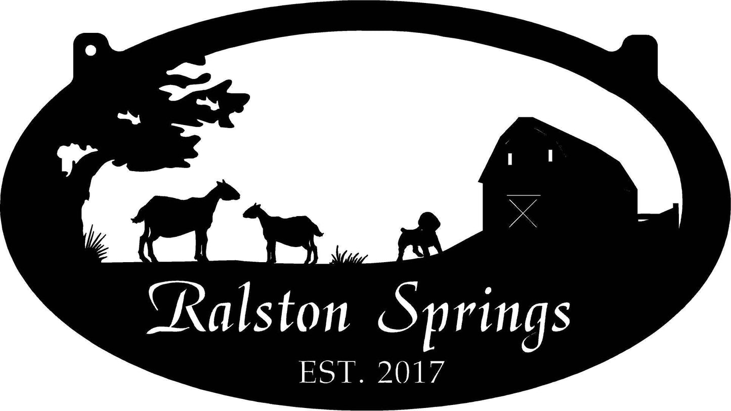 Custom Metal Farm Sign With Barn And Goatdog Scene With Your Name Metal Wall Art Metal House Sign