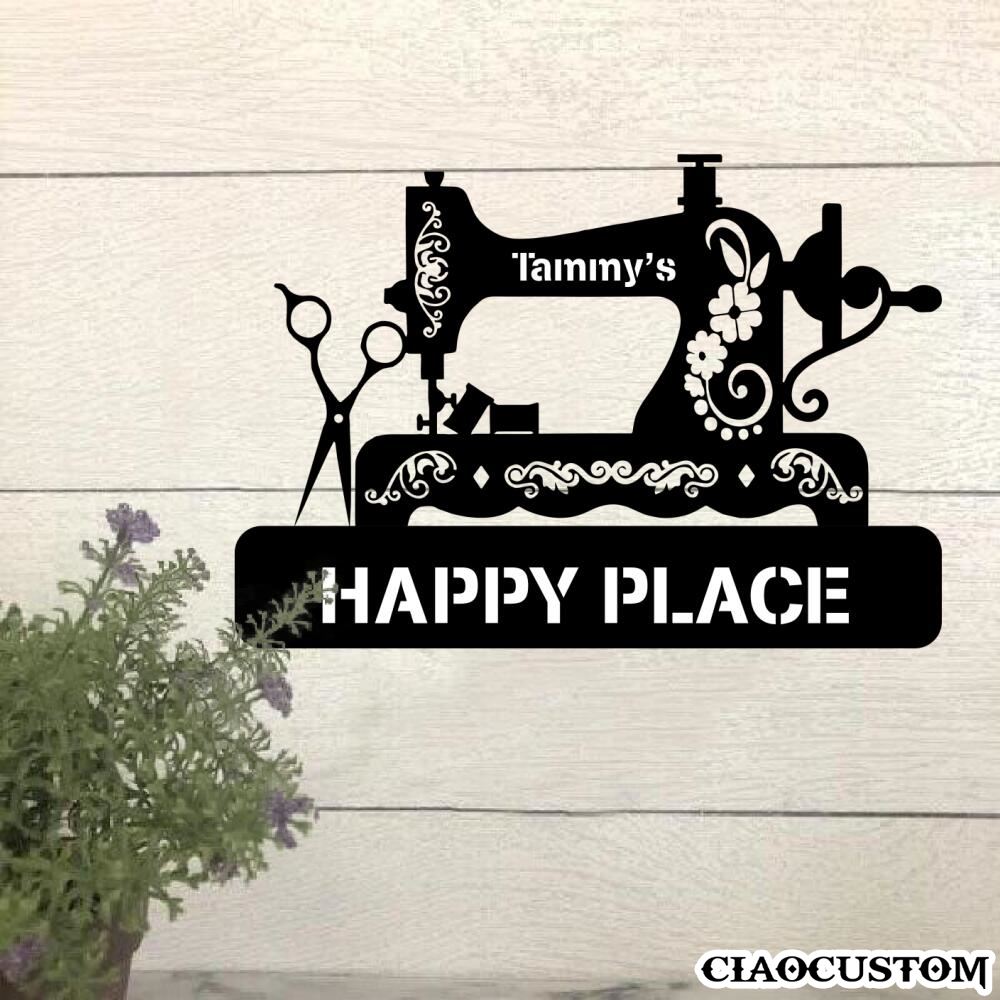 Custom Name Sewing Nana's Happy Place Metal Sign - Sewing Metal Wall Art - Sewing Christmas Gifts