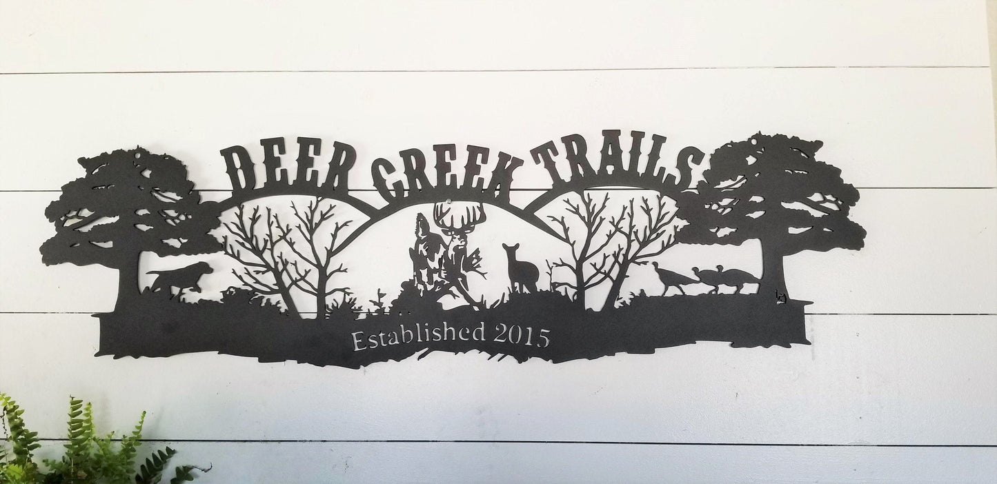 Custom Steel Established Farm Sign Trees Deer Turkey Dog Sign Wildlife Metal Sign