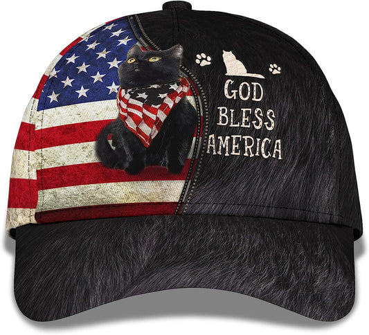 Cute Cat Us Flag God Bless America All Over Print Baseball Cap - Christian Hats For Men Women