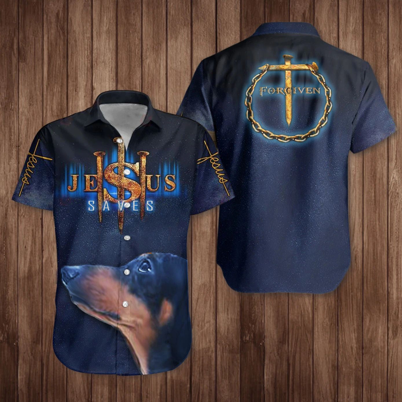 Dachshund Cross Jesus Saves Hawaiian Shirt Christian Faith Dog Lover Shirt Unique Gift - Christian Hawaiian Shirt for Men Women