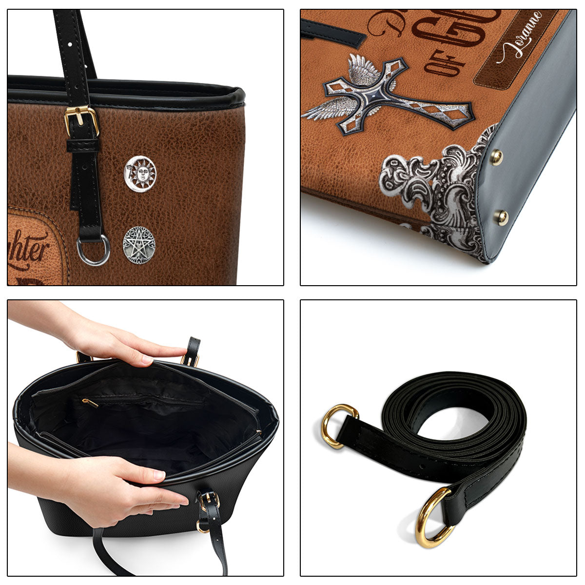 Daughter Of God Personalized Large Leather Tote Bag - Christian Gifts For Women