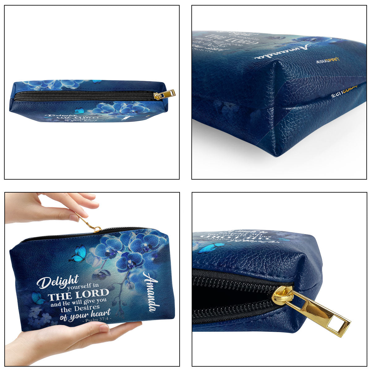 Delight Yourself In The Lord Psalm 374 Personalized Leather Pouch With Zipper - Religious Gift For Christian Family