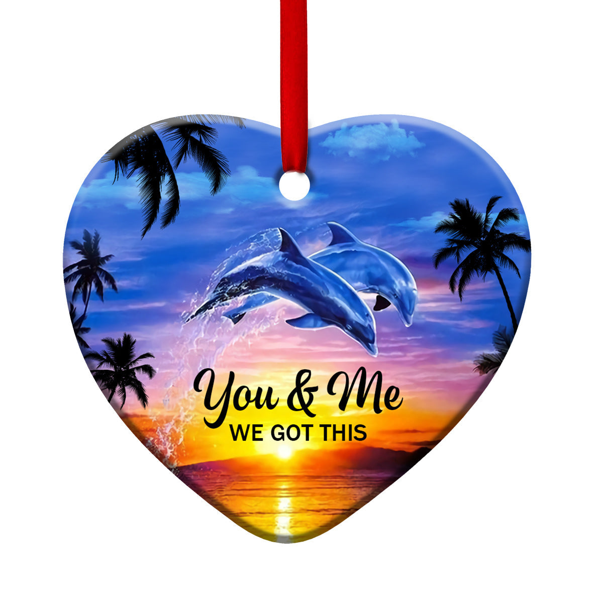 Dolphin Couple Sunset Heart Ceramic Ornament - Christmas Ornament - Christmas Gift