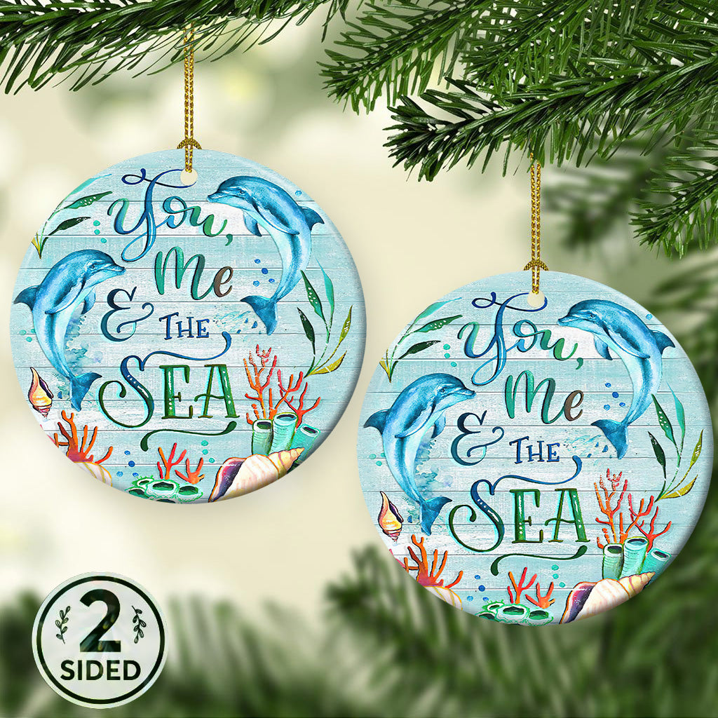 Dolphin Couple The Sea Wood Style Ceramic Circle Ornament - Decorative Ornament - Christmas Ornament