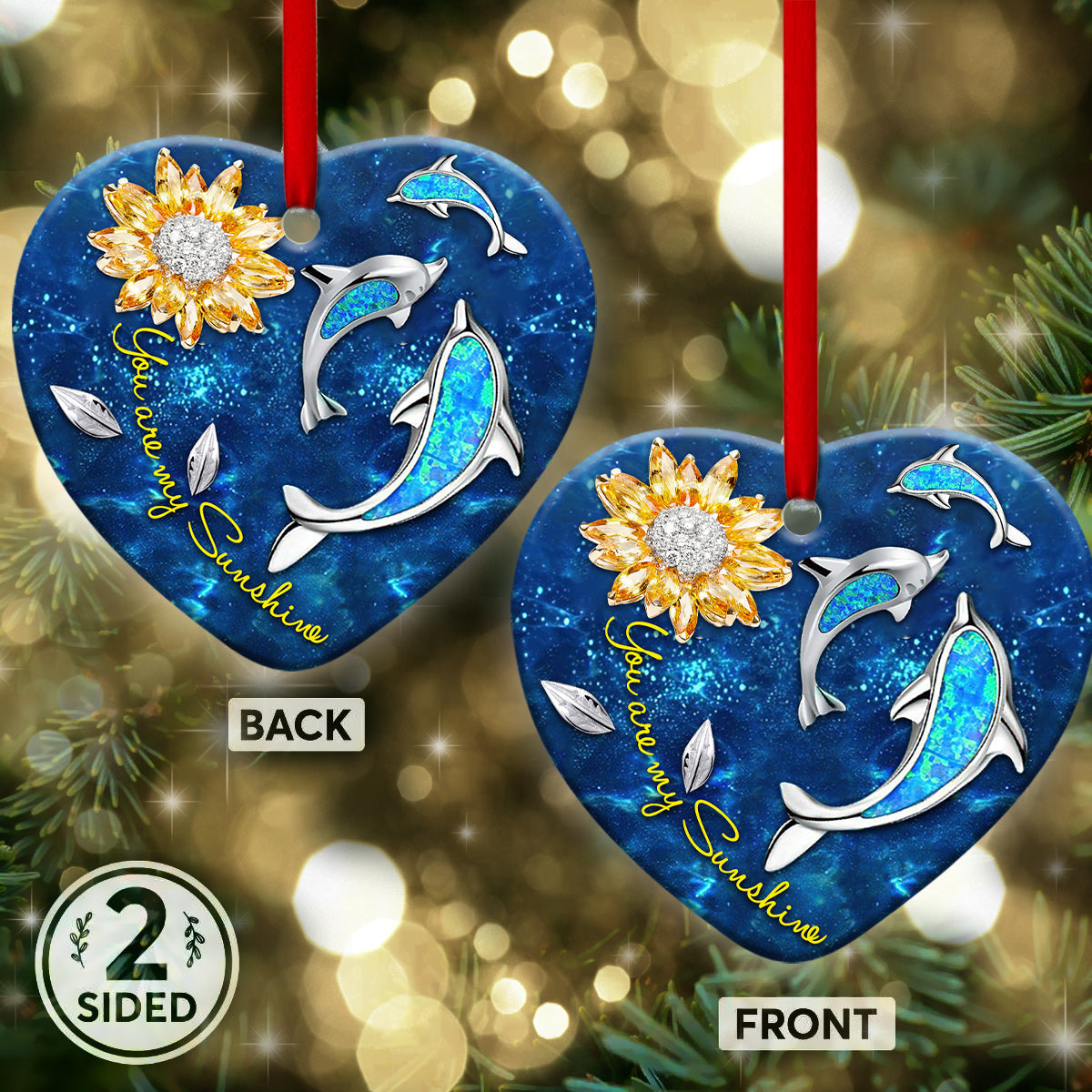 Dolphin Sunflowers Jewelry Style Heart Ceramic Ornament - Christmas Ornament - Christmas Gift