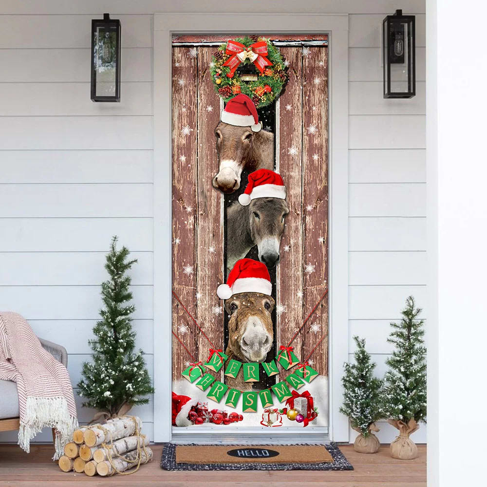 Donkeys Christmas Snow Farmhouse Door Cover - Donkeys Lover Gifts - Christmas Outdoor Decoration
