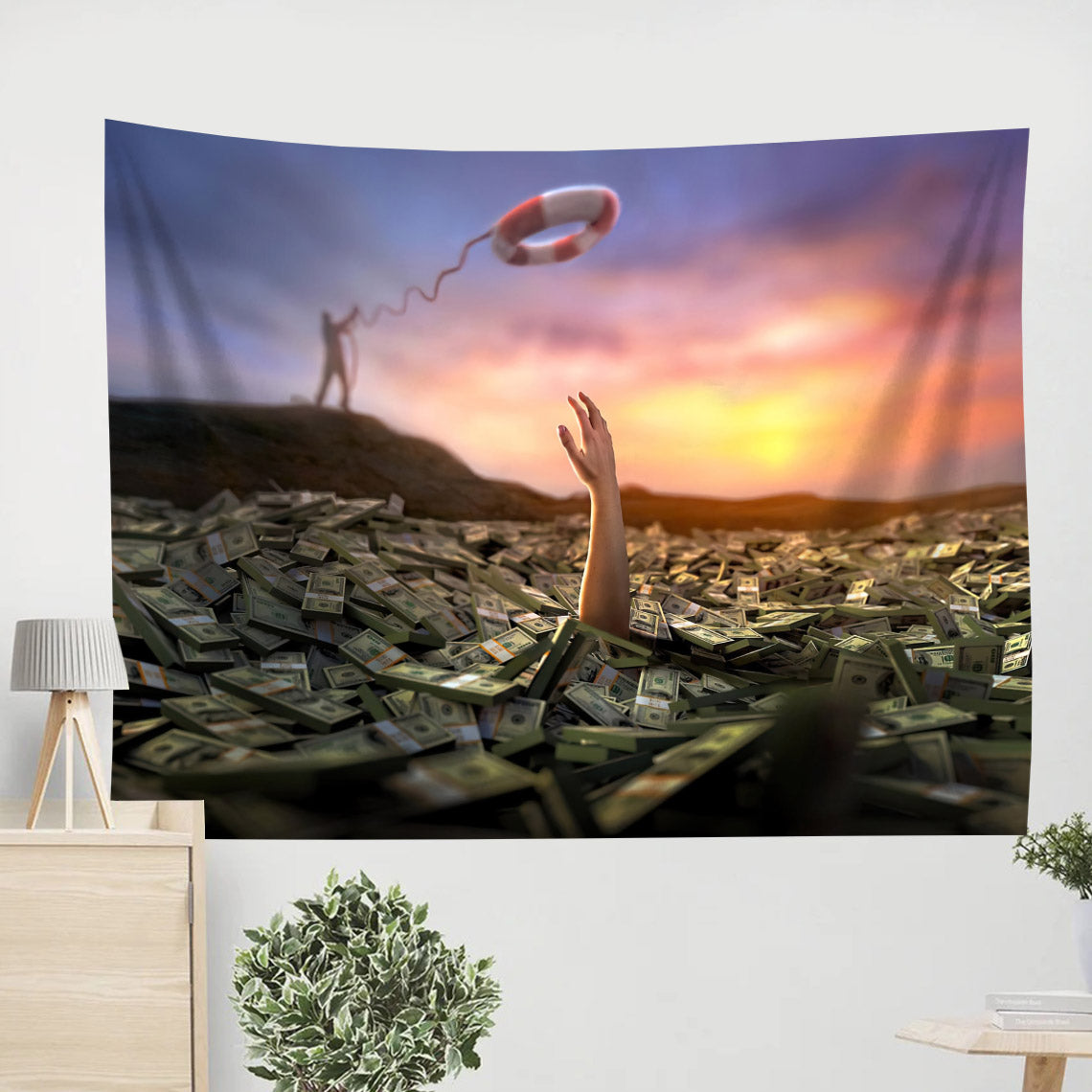 Drowning In Wealth - Those Who Trust In Their Riches Will Fall Proverbs 11 28 - Christian Tapestry Wall Hanging - Religious Tapestry