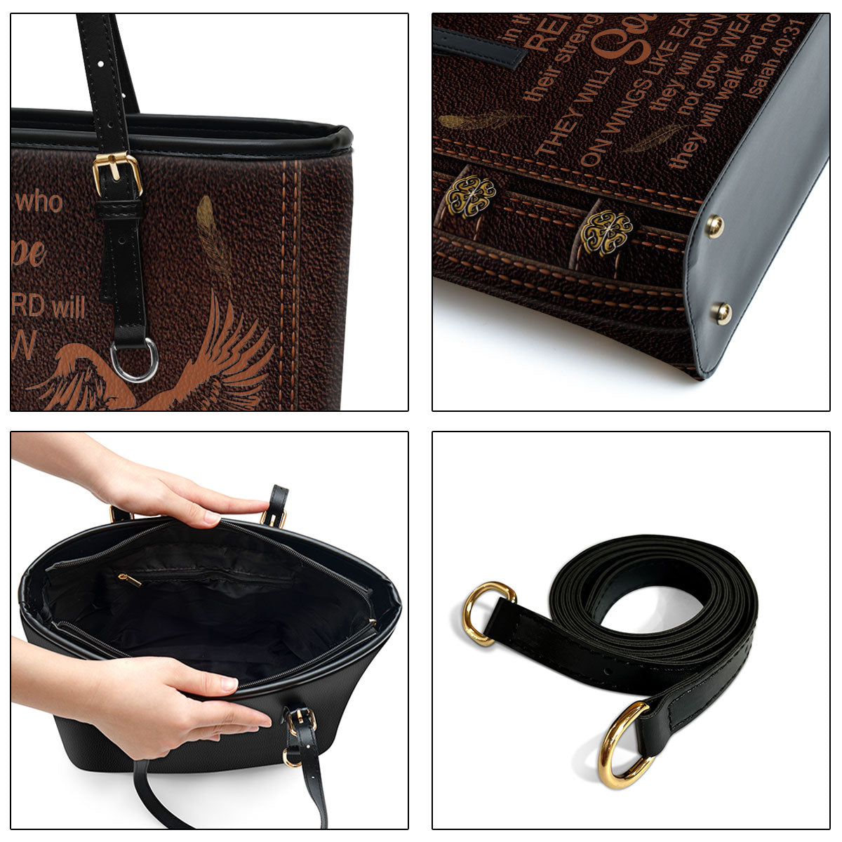 Eagle They Will Run And Not Grow Weary Large Leather Tote Bag - Christ Gifts For Religious Women - Best Mother's Day Gifts