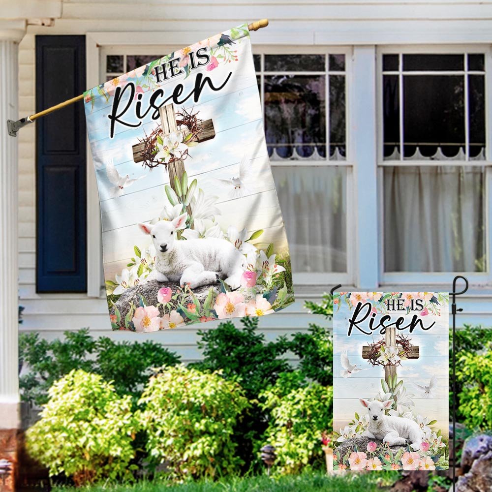 Easter Cross He Is Risen Flag - Easter House Flags - Christian Outdoor Easter Flags