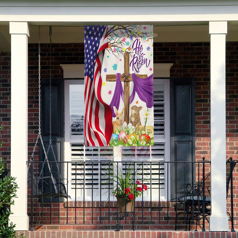 Easter Rabbit Jesus Cross He Is Risen American Flag - Easter House Flag - Outdoor Easter Flag
