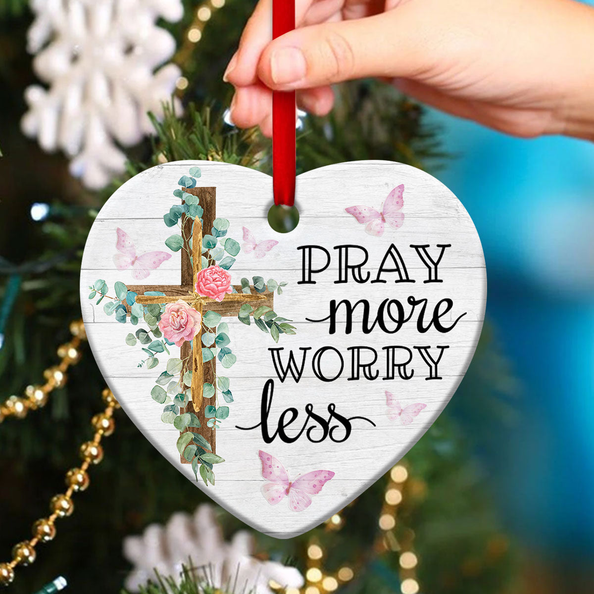 Elegant Christian Ceramic Heart Ornament - Pray More, Worry Less - Christmas Decor - Funny Ornament
