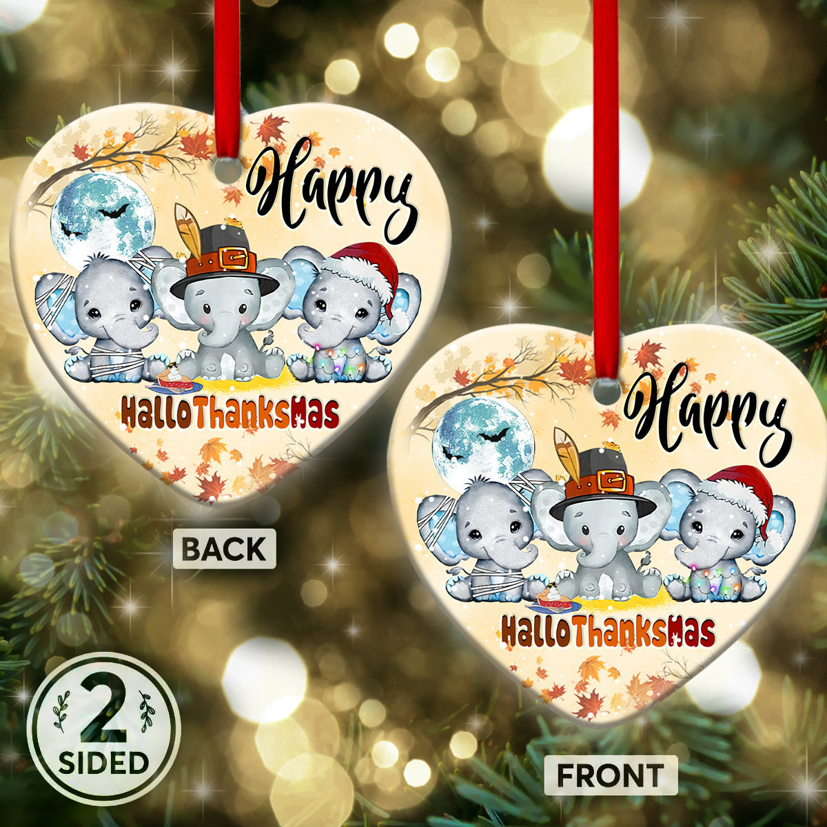 Elephant Happy Hallothanksmas Heart Ceramic Ornament - Christmas Ornament - Christmas Gift