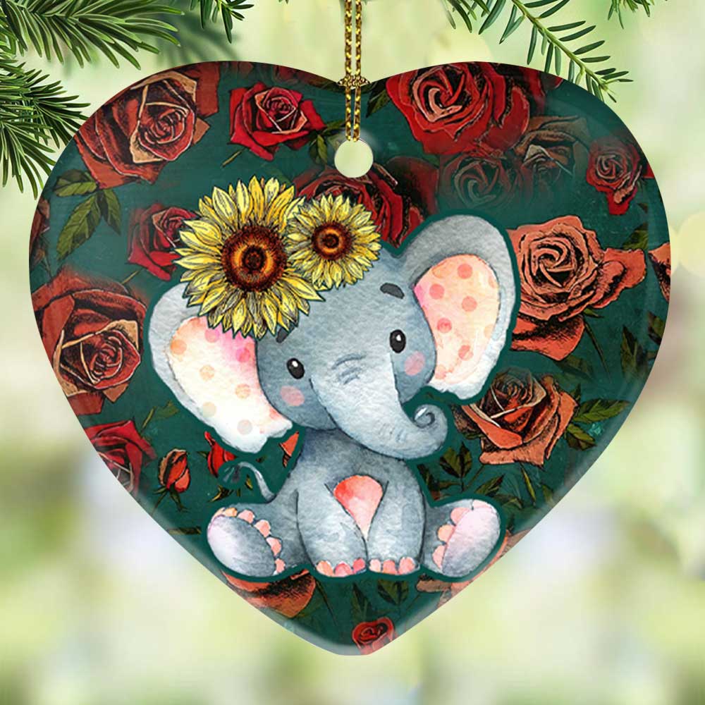 Elephant Sunflower Heart Ceramic Ornament - Christmas Ornament - Christmas Gift