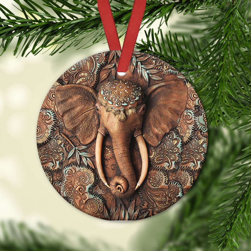 Elephant Wooden Style Ceramic Circle Ornament - Decorative Ornament - Christmas Ornament