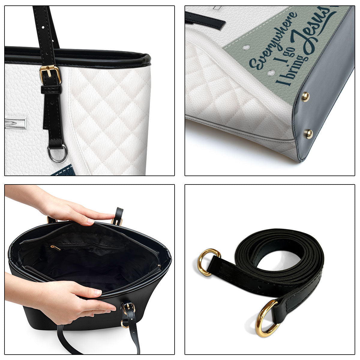 Everywhere I Go I Bring Jesus With Me Personalized Large Leather Tote Bag - Christian Gifts For Women