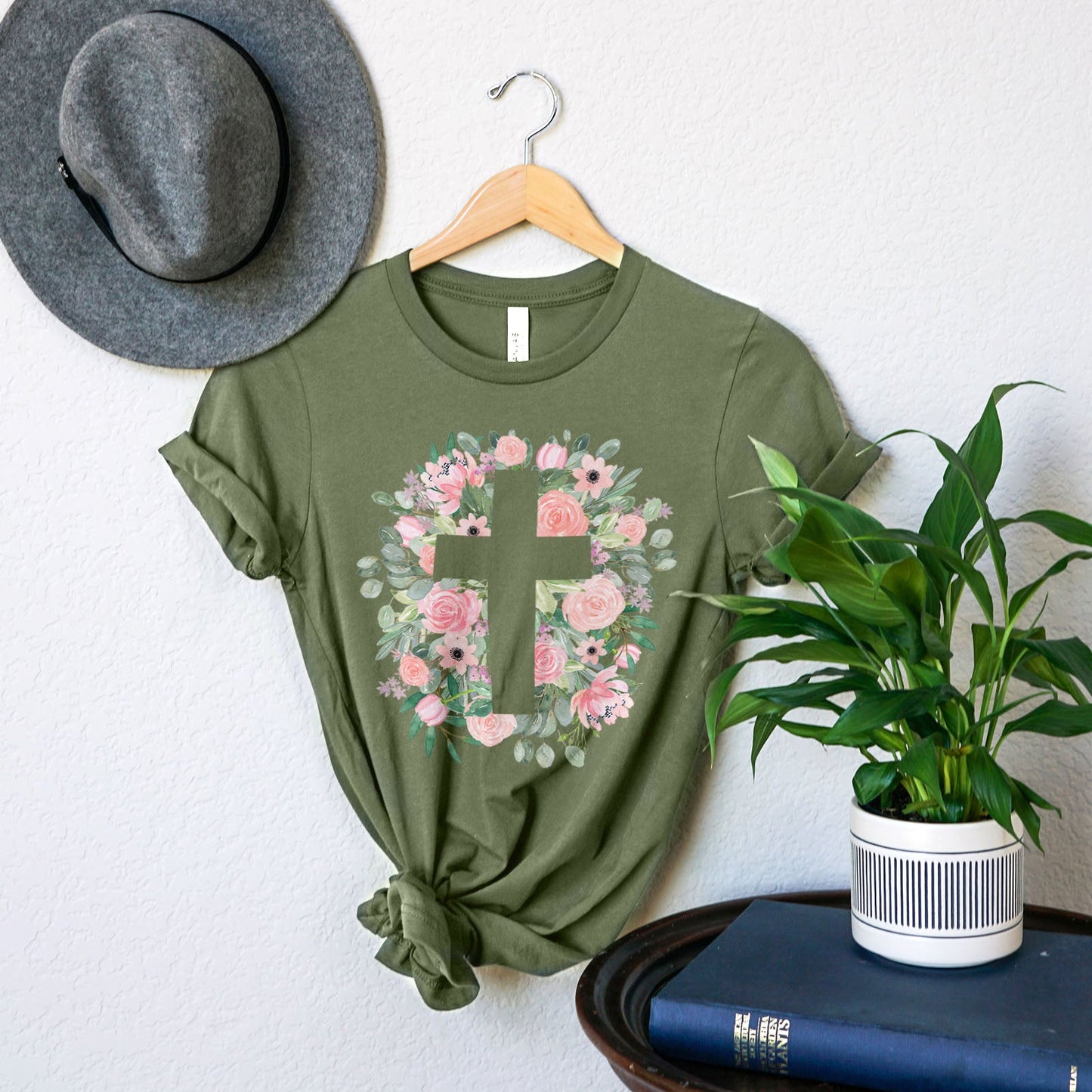 Floral Cross Silhouette Tee Shirts For Women - Christian Easter T Shirts