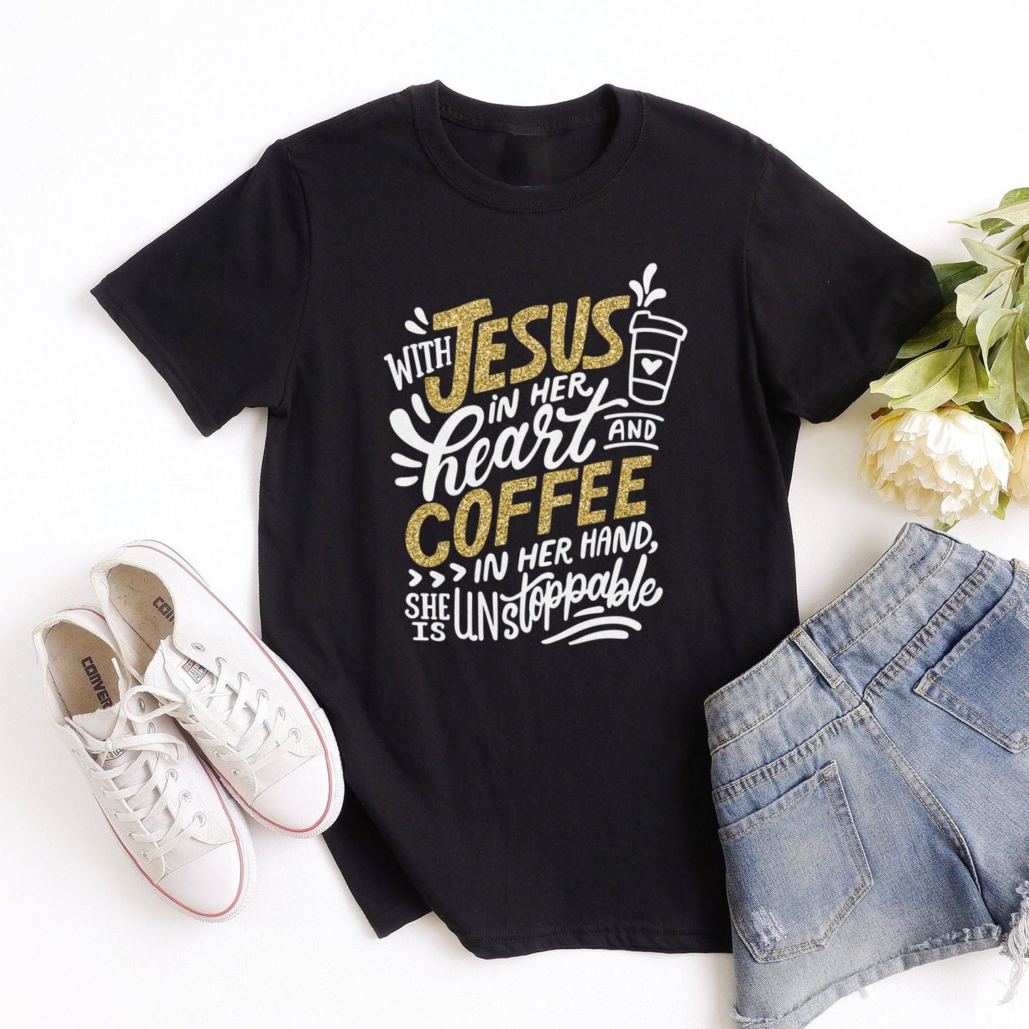 Jesus And Coffee Sparkle Tee Shirts For Women - Christian Shirts for Women - Religious Tee Shirts