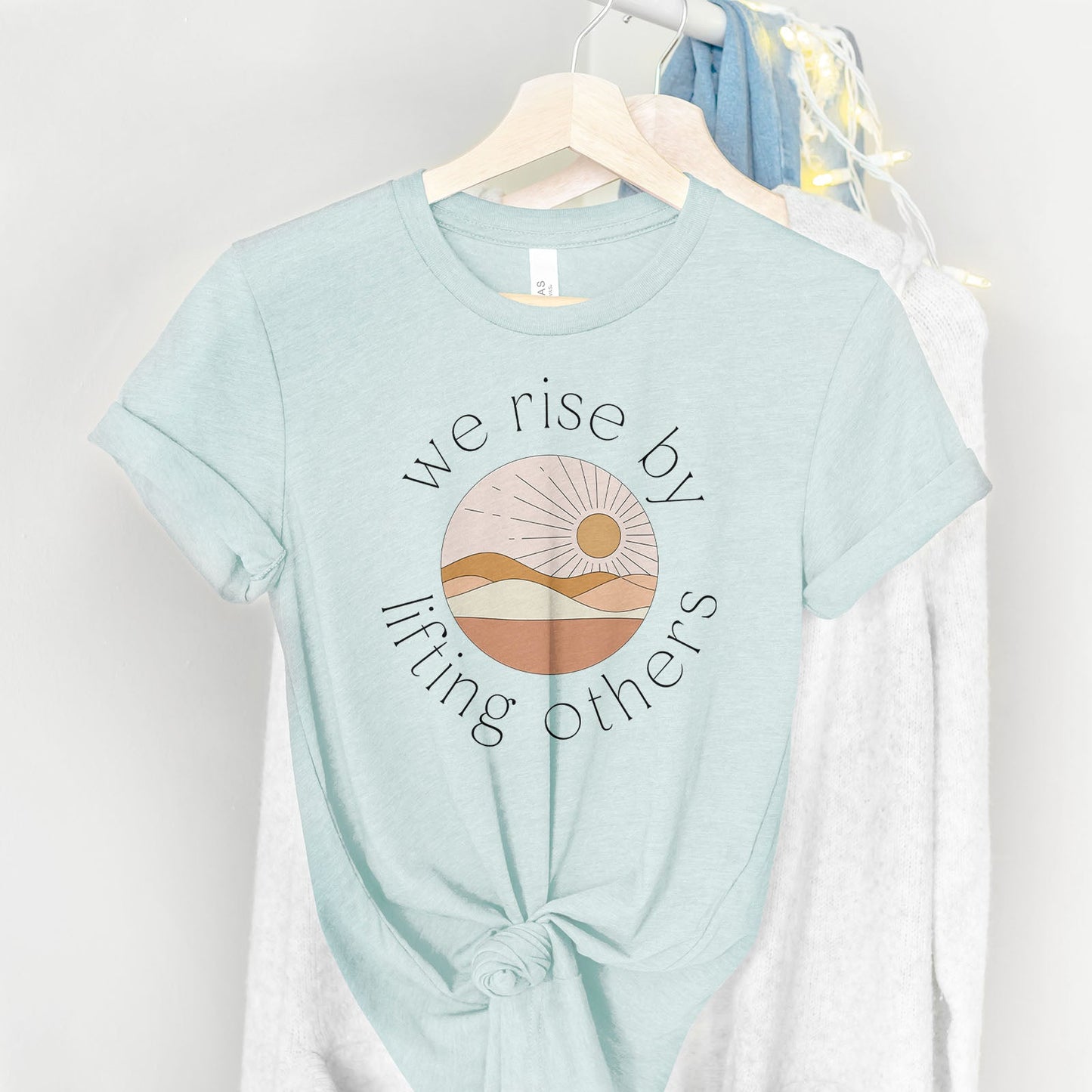 We Rise by Lifting Retro Sunrise Tee Shirts For Women - Christian Shirts for Women - Religious Tee Shirts