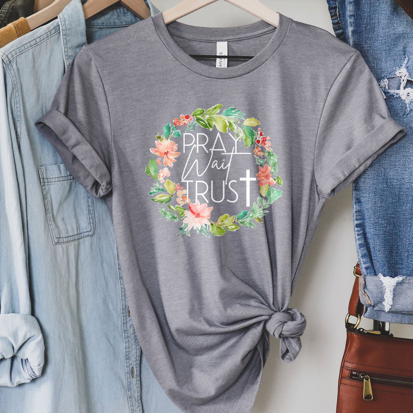 Pray Wait Trust Wreath Tee Shirts For Women - Christian Shirts for Women - Religious Tee Shirts