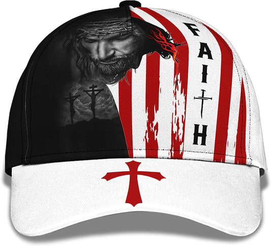 Faith American Flag And God And Cross All Over Print Baseball Cap - Christian Hats For Men Women
