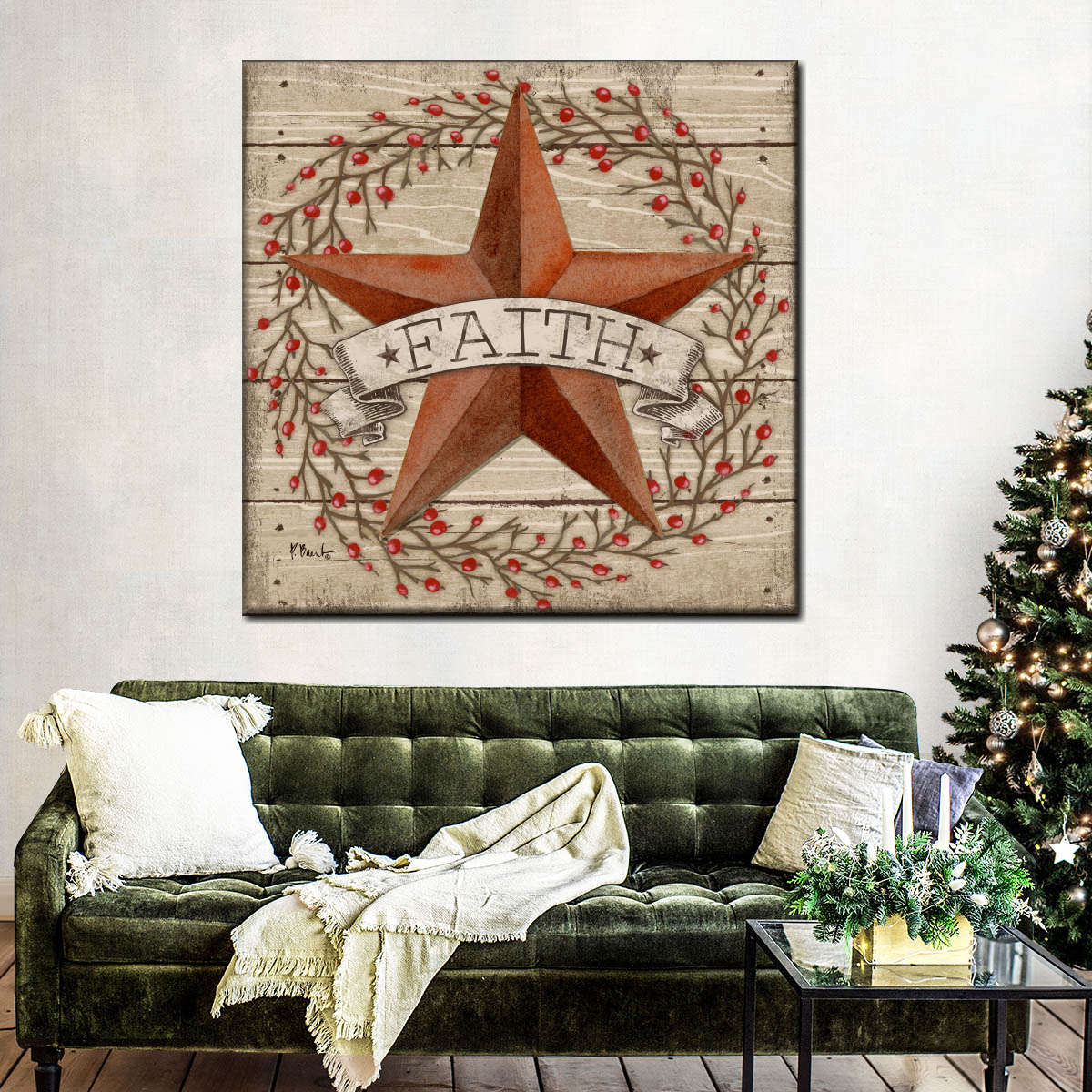 Faith Barn Star With Berries Square Canvas Wall Art - Bible Verse Wall Art Canvas - Religious Wall Hanging