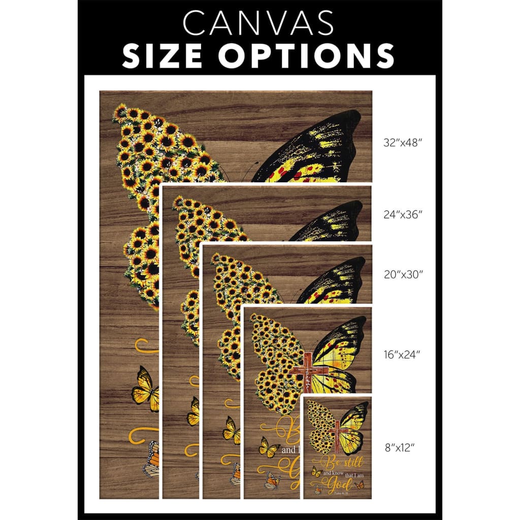 Faith Cross Sunflower Butterfly Be Still Psalm 4610 Canvas Wall Art - Christian Canvas Prints - Bible Verse Canvas