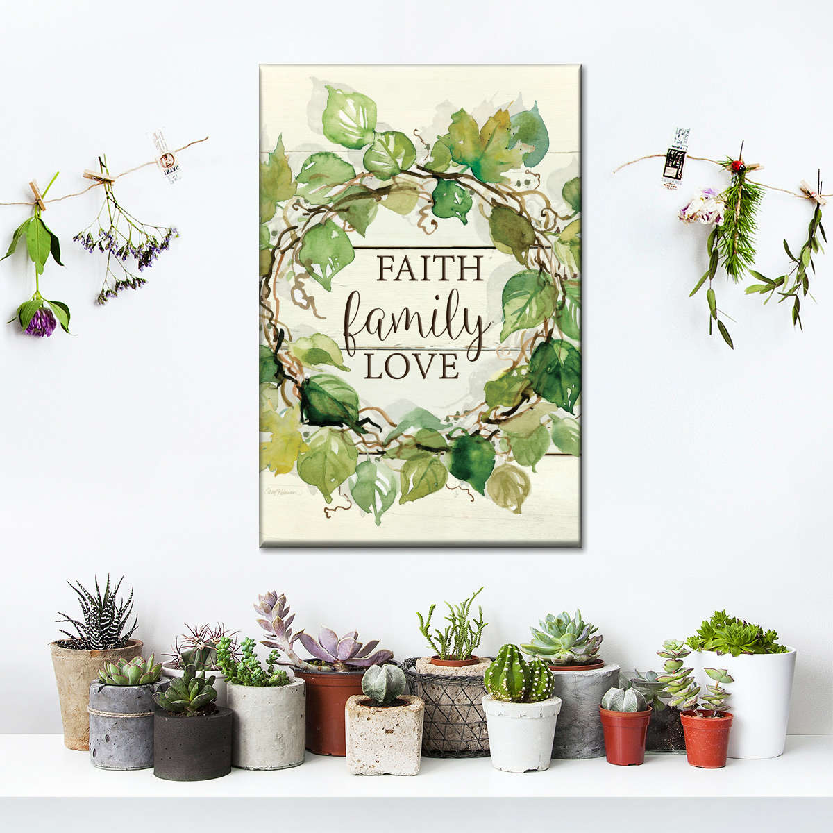 Faith Family Love Leaf Wreath Canvas Wall Art - Christian Wall Decor Art - Religious Wall Decor