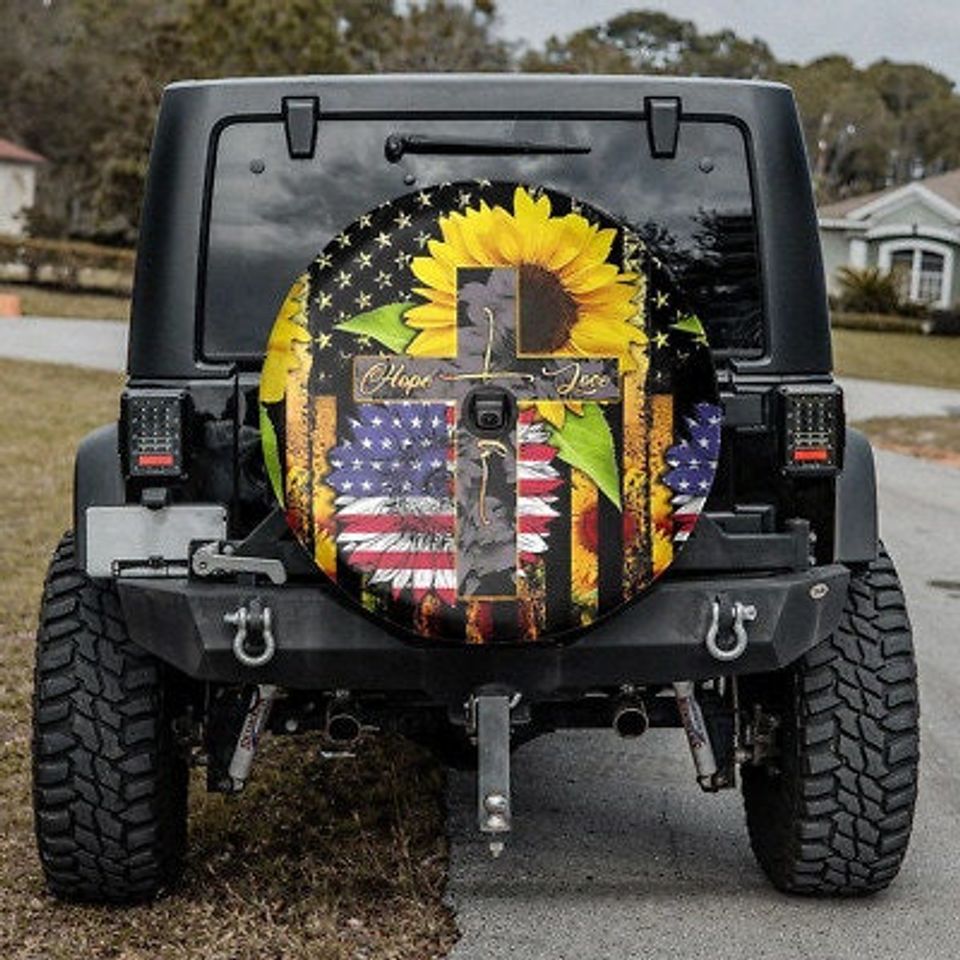 Faith Hope Love Sunflower Jesus Cross Spare Tire Cover - Christian Tire Cover