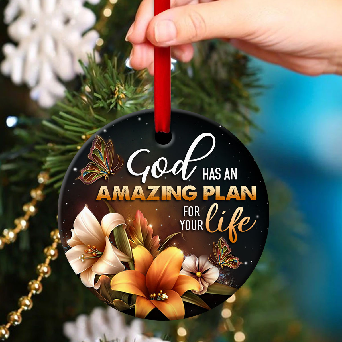 Faith In God - Beautiful Lily Flower Ceramic Circle Ornament - Christmas Decor - Funny Ornament
