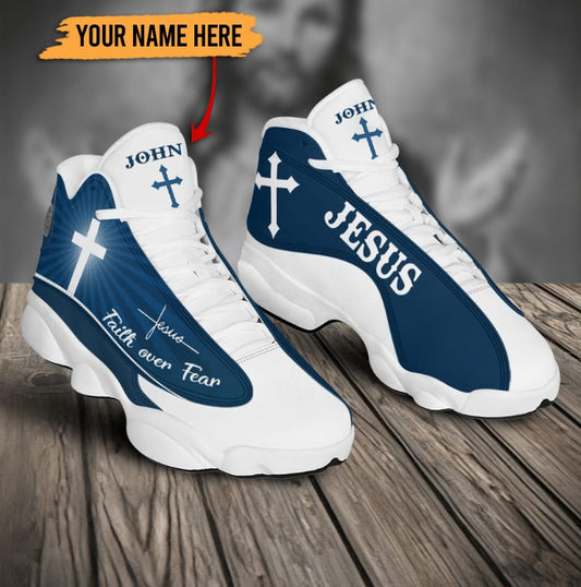 Faith Over Fear Blue Jesus J13 Shoes - Personalized Name Faith Shoes - Jesus Shoes